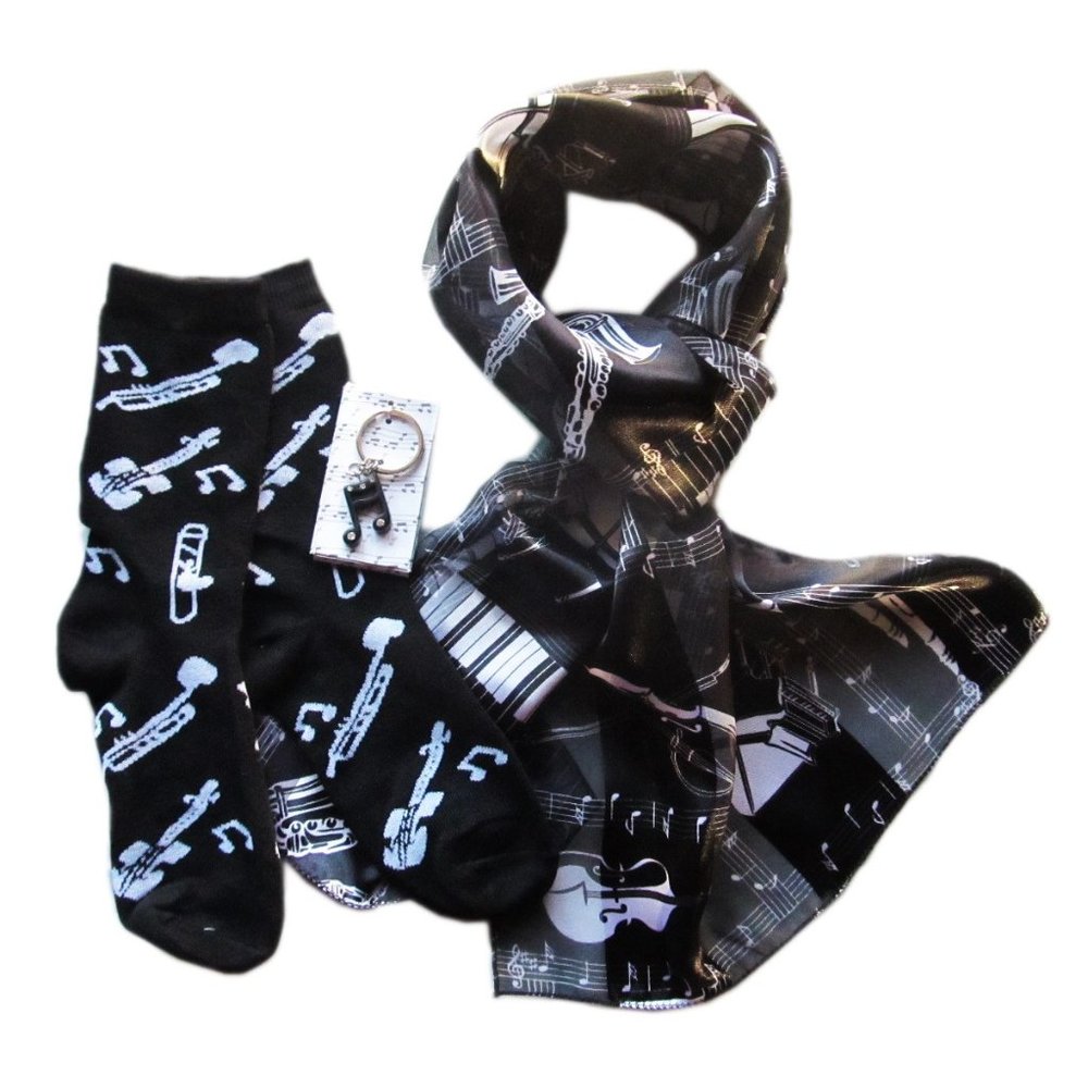 Music Instrument Scarf Socks & Key Ring Set Piano Sax Violin Trumpet Clarinet